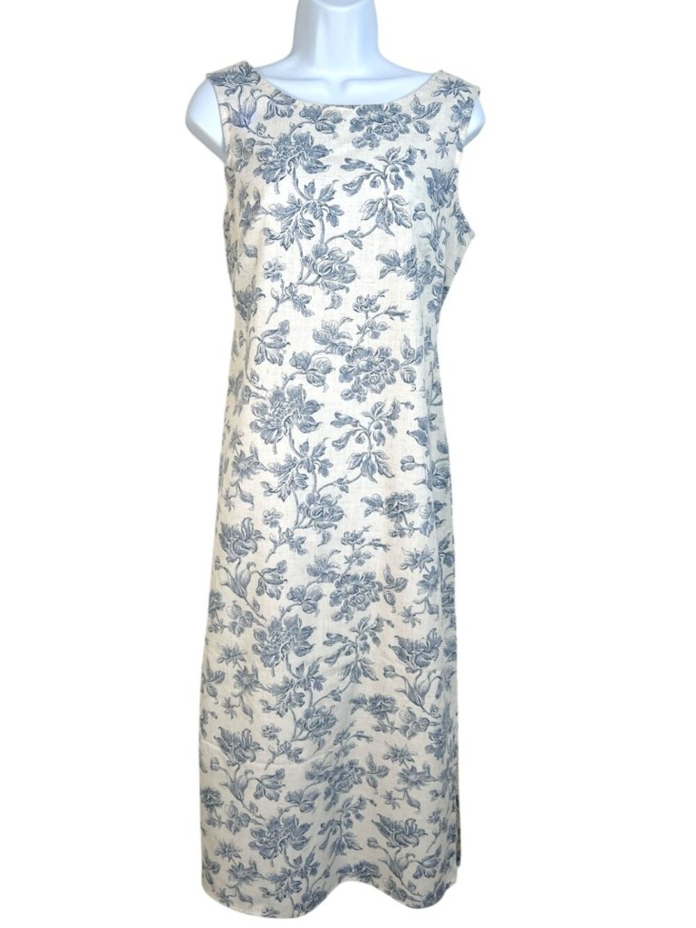 Vintage Caroline Wells Linen Floral Midi Dress Sleeveless French Blue Cream M/L